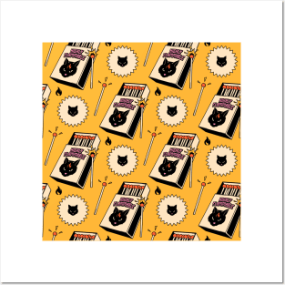 Highly Flammable Black Cat Pattern in yellow Posters and Art